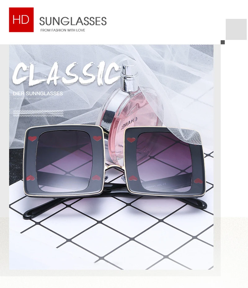 Brand Designer Heart Square Big Frame Women Gradient Shades Sunglasses