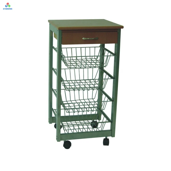 
Movable 4 metal basket drawers kitchen cart with wood top 