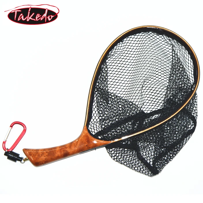 

TAKEDO Fly Fishing Landing Net Soft Rubber Mesh Trout Net Waterproof Cinnamomum camphora Wooden Handle Catch and Release Net