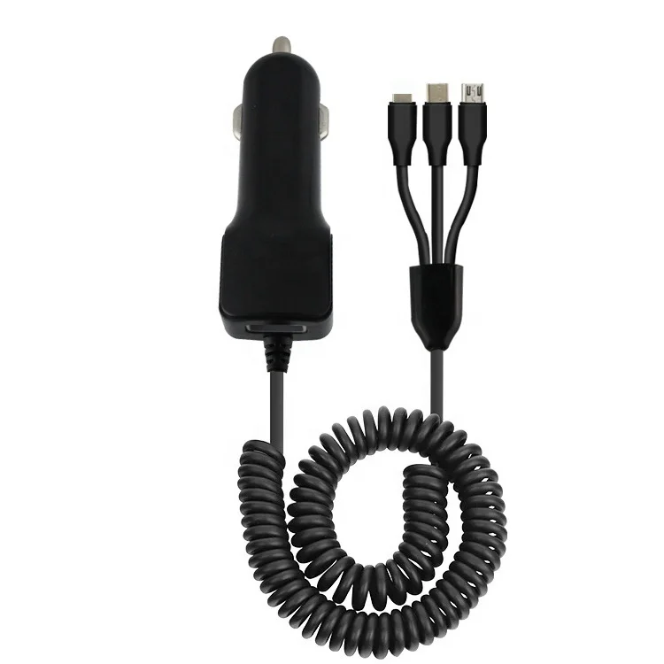 

5V 2.1A 3 in 1 Delicate Curly Car Charger for iPhone Type-C Micro, Black/white