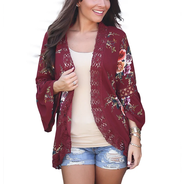 

Floral Print Loose Puff Sleeve Women Ladies Lace Cardigan, As shown