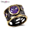 Big Amethyst Color Cubic Zirconia Main Stone Cocktail Party Black Gold Deluxe Jewelry Ring