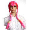 Long Neon Pink Indian Braided Pigtails Wig With Red Ribbons Men For Halloween Wig Polyurethane