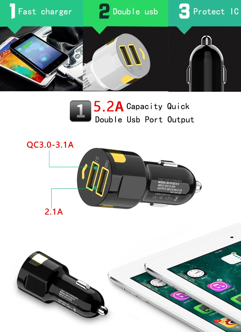 Best Selling Products Usa Qc3.0 Dual Usb Port Car Battery Phone Charger