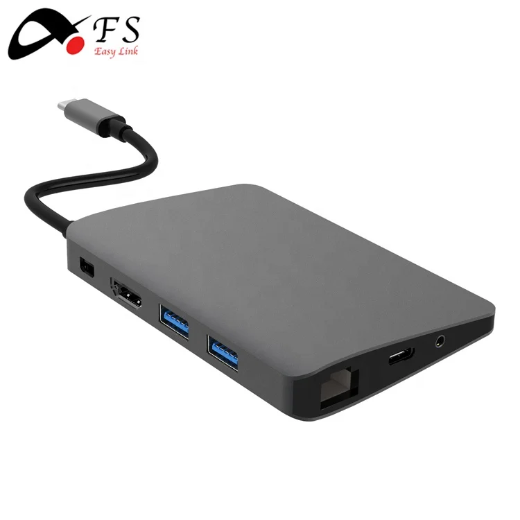

2019 usb type c hub adapter for macbook to usb c ethernet hub with VGA 4K HD-MI, Silver