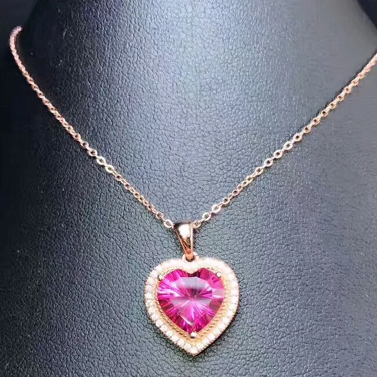 

wholesale trendy heart shape red topaz natural gemstone 925 sterling silver pendant necklace fine jewelry for women, Rose red