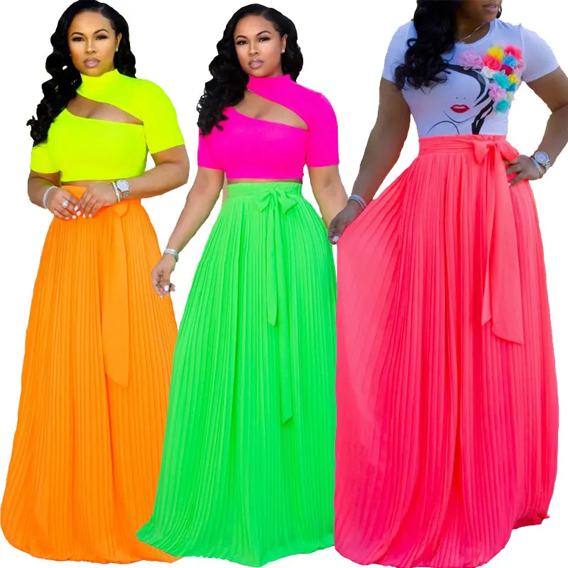 

90626-MX38 summer solid color long pleated womens skirts