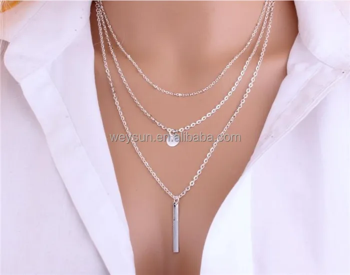 

Women's Fashion Jewelry Colar 1pc European Simple Gold Silver Plated Multi Layers Bar Coin Necklace Clavicle Chains Charm