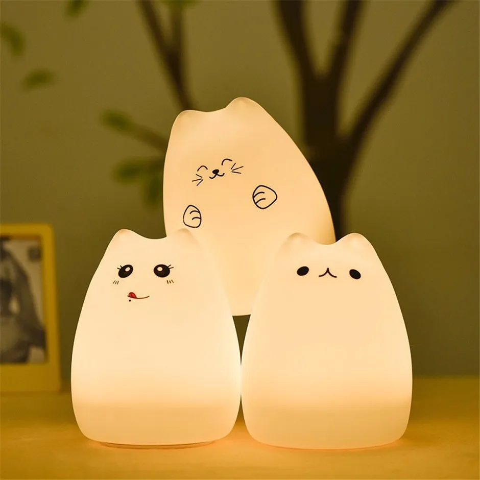 Battery Powered LED Night Light Cute Cat Children Soft Cartoon Lamp 3 Models 