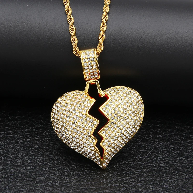 

Fashion Broken Heart Iced Out Chain Pendant Necklace Twist Chain Gold Color Bling Cubic Zircon Men Hip Hop Necklace (KHP012), As picture