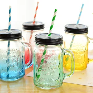 Image of Glass Mason Jars Mugs with Handles, Lids and Drinking Straws/Clear Glass Drink Cups With Metal Lid/Old Fashion Drinking Glasses