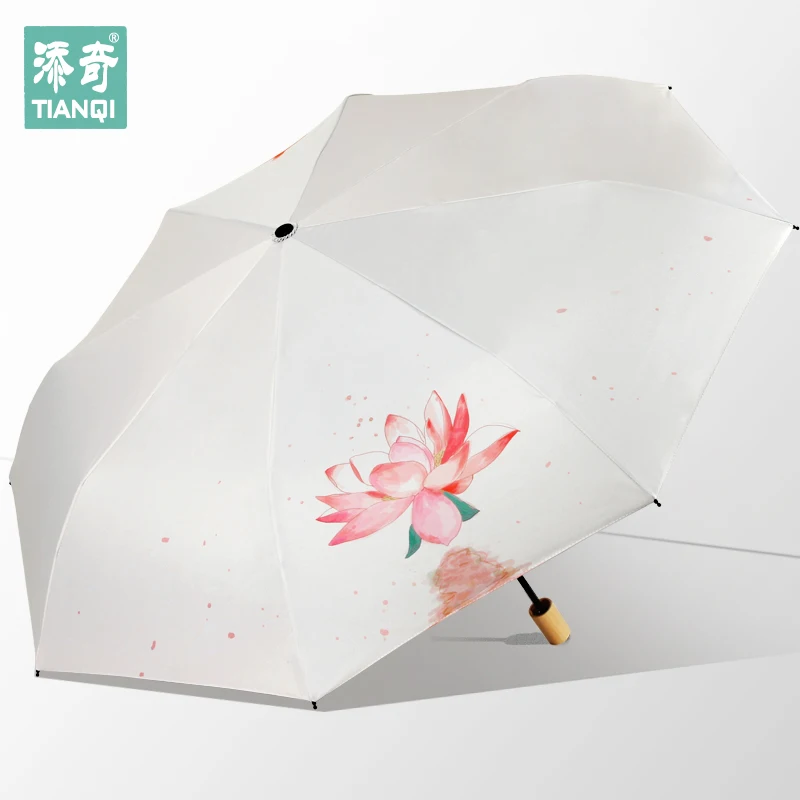 

Fantastic umbrella China Originality Lotus Sunscreen Black rubber Wooden handle 21 inch 3 folding umbrella
