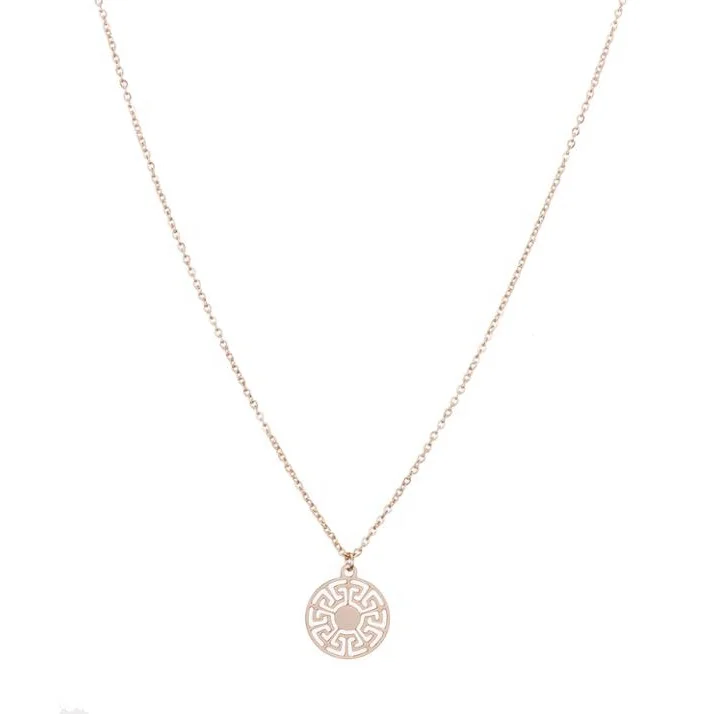 Handcrafted Stainless Steel Rose Gold Plated The Great Wall Vintage Engraved  Pattern Hollow Disc Pendant Necklace For Women