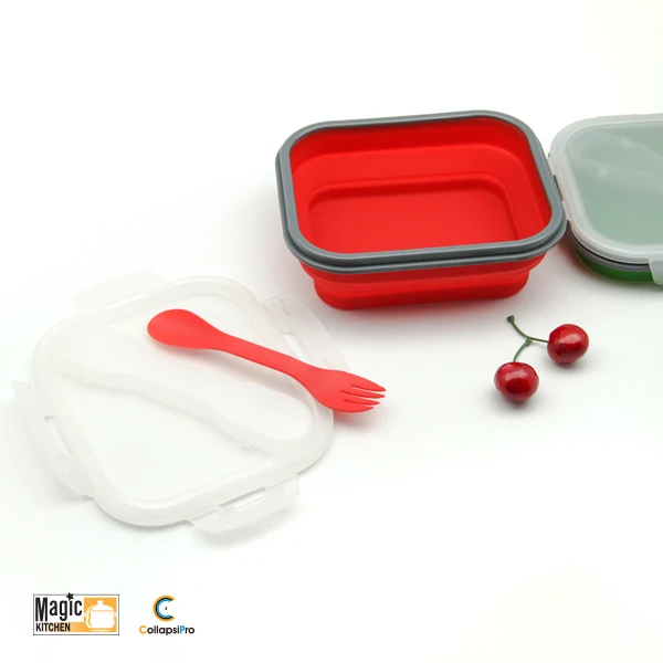 Collapsible Silicone Lunch Box Food Storage Container With Fork Spoon