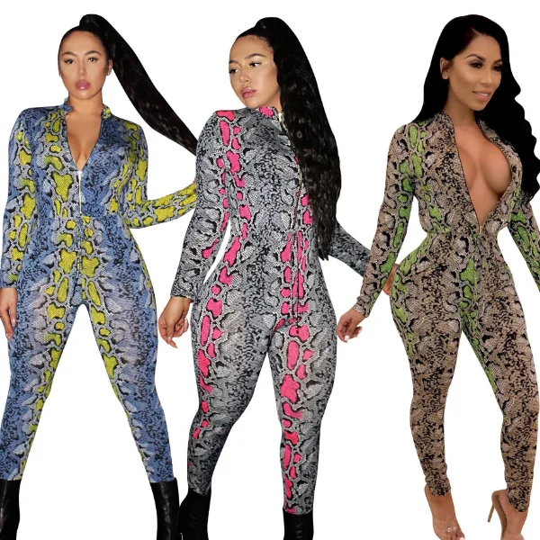 

SP3877A Snake Pattern Print Fashion Women Jumpsuit, N/a