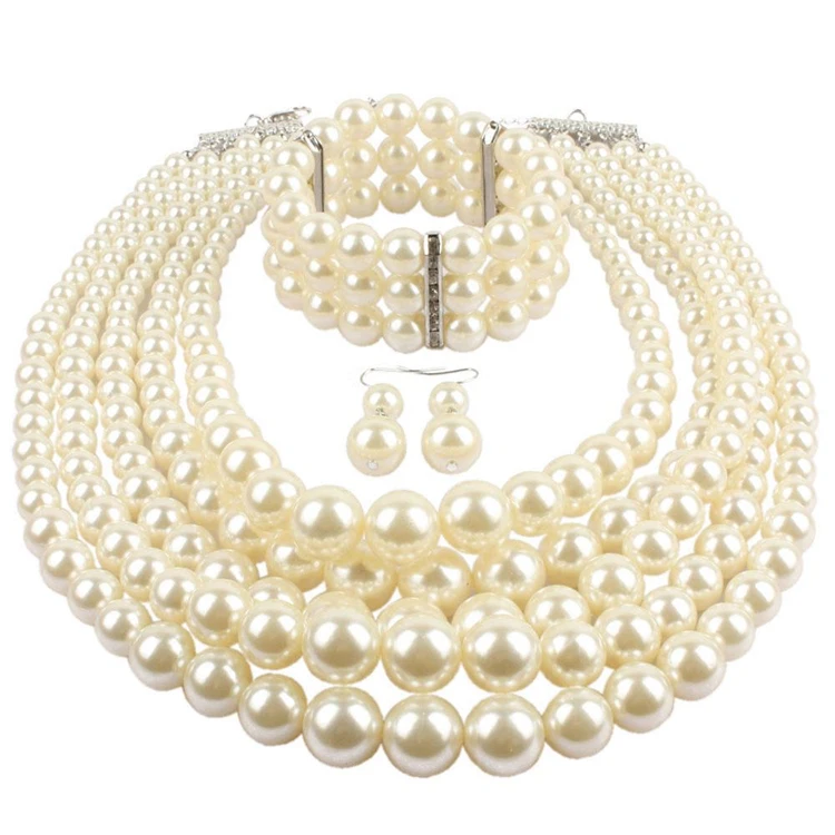 

LUOXIN High quality multi layered statement pearl necklace bracelet earring jewelry set