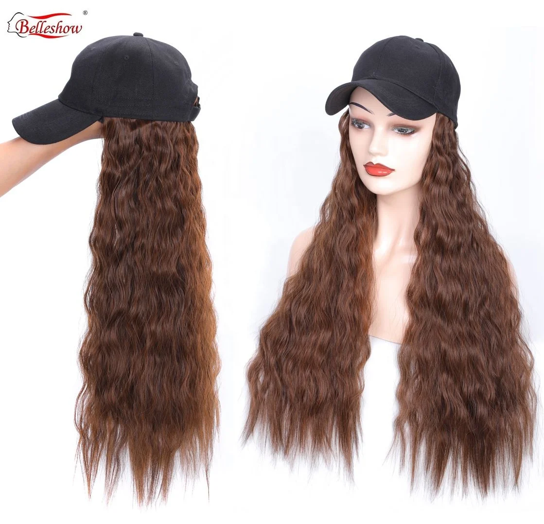 

Hot sell wholesale baseball cap wig cheap hat wig fashion avant-garde wool roll wig cap synthetic cap long curly hair, 4 colors