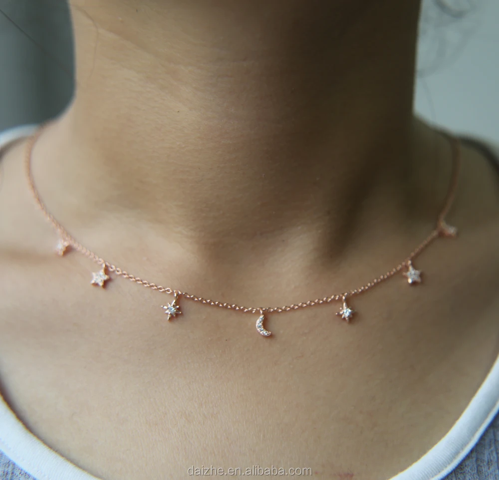 

rose gold silver colors 925 sterling silver moon star sunbrust charm drip drop cute women chain chocker silver necklace