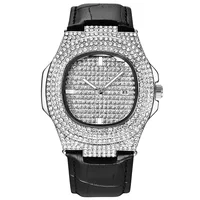 

2019 New Design Hiphop Bling Bling Diamond Stone Man Leather Brand Watch with calendar