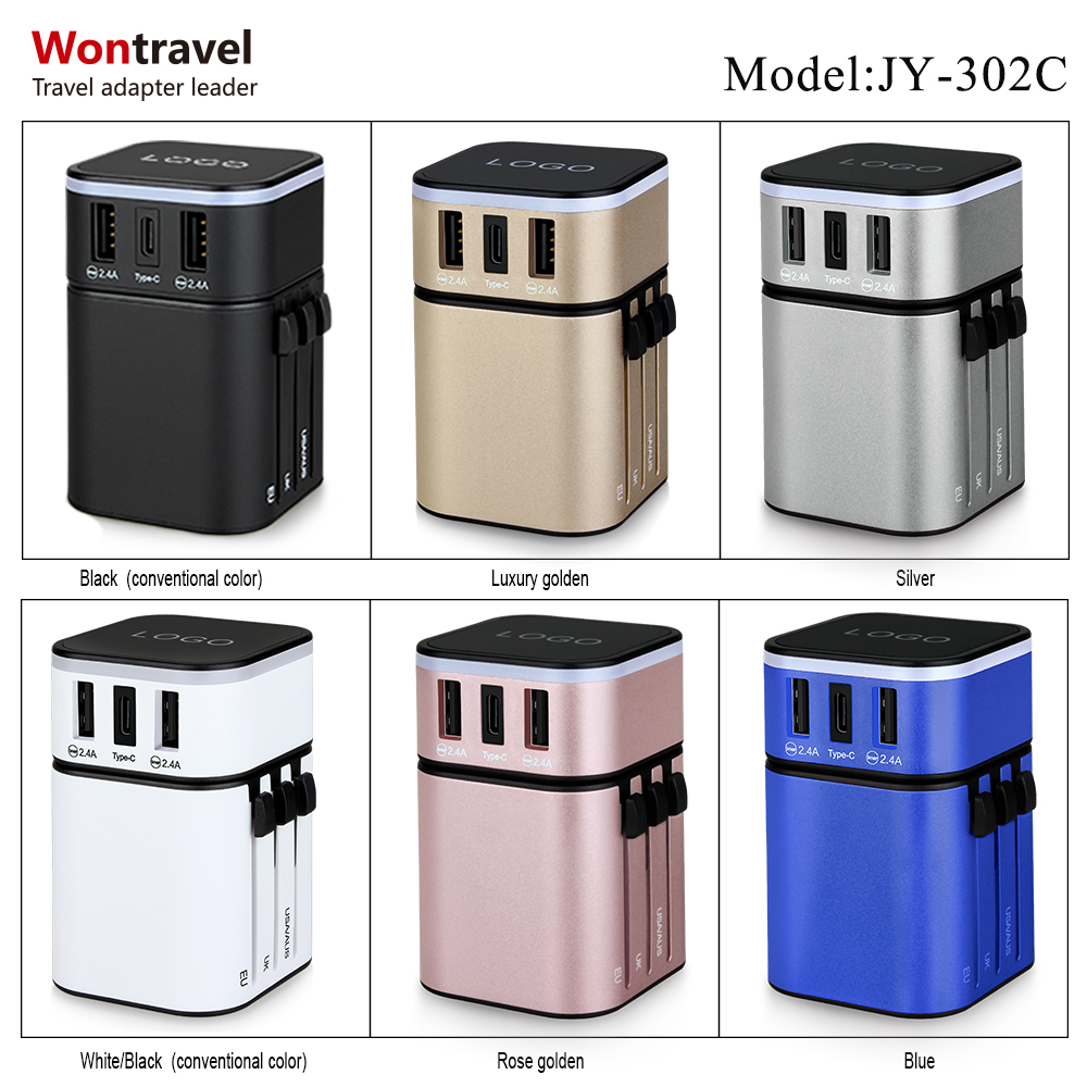 
Newest 3USB port world travel adapter USB C quick charger socket with AUS EU UK US plug outlet 