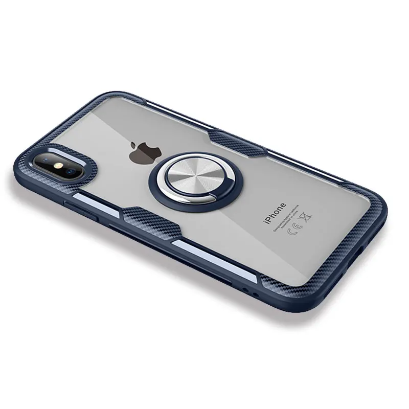 

Free Shipping KAHEAUM Transparent Mobile Phone accessories Shockproof Ring Stand Magnetic Phone Case for iPhone X Cover XS 10, Navy blue