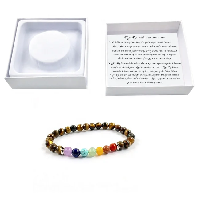 

Gemstone 6mm Tiger Eye bracelet with 7 chakra stones in giftbox and property description of the stone wholesale