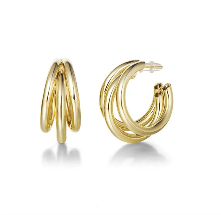 

Fashion Jewelry 18K Gold Plated Statement High Polished Triple Round Medium Open Tube Hoop Earrings