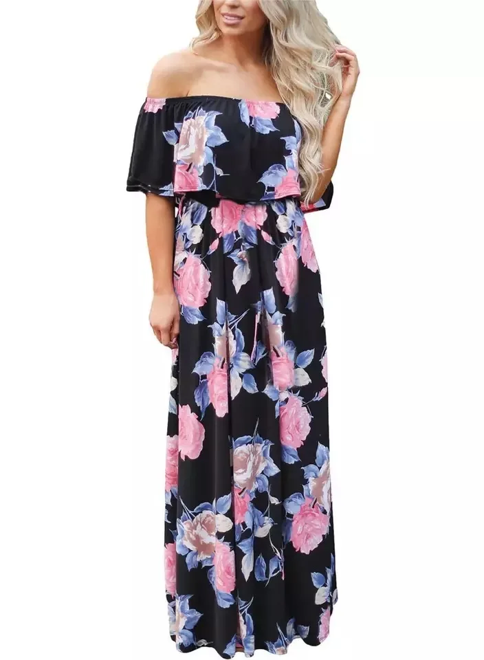 F26 women summer dress Floral Summer Holiday  off shoulder dress women clothing maxi dress