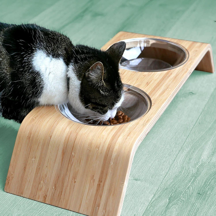 Elevated Cat And Dog Pet Feeder Made Of Natural Bamboo Wood With 2