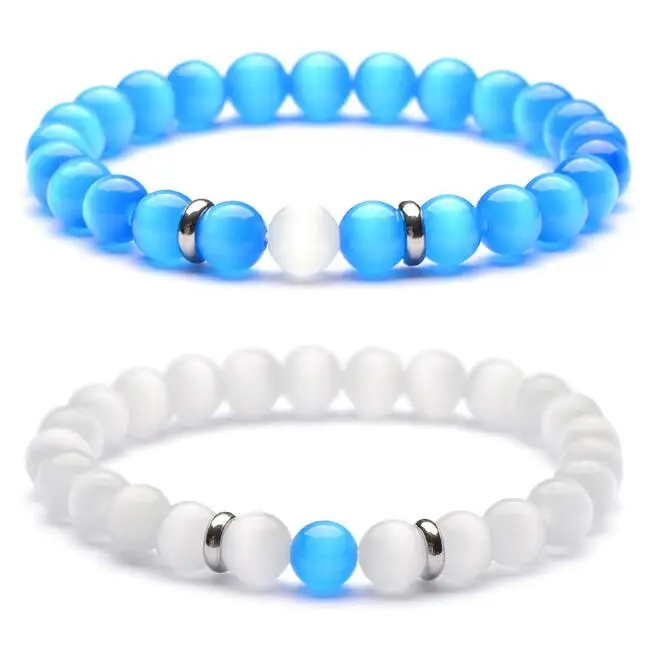 

Natural Stone White Blue Bead Bracelet with Stainless Steel, 2 colors