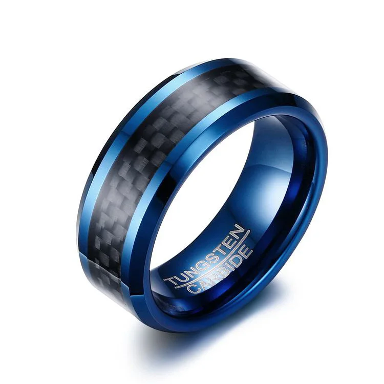 

Dropshipping Mens Carbon Fiber Blue Tungsten Carbide Jewelry Rings, Blue + black
