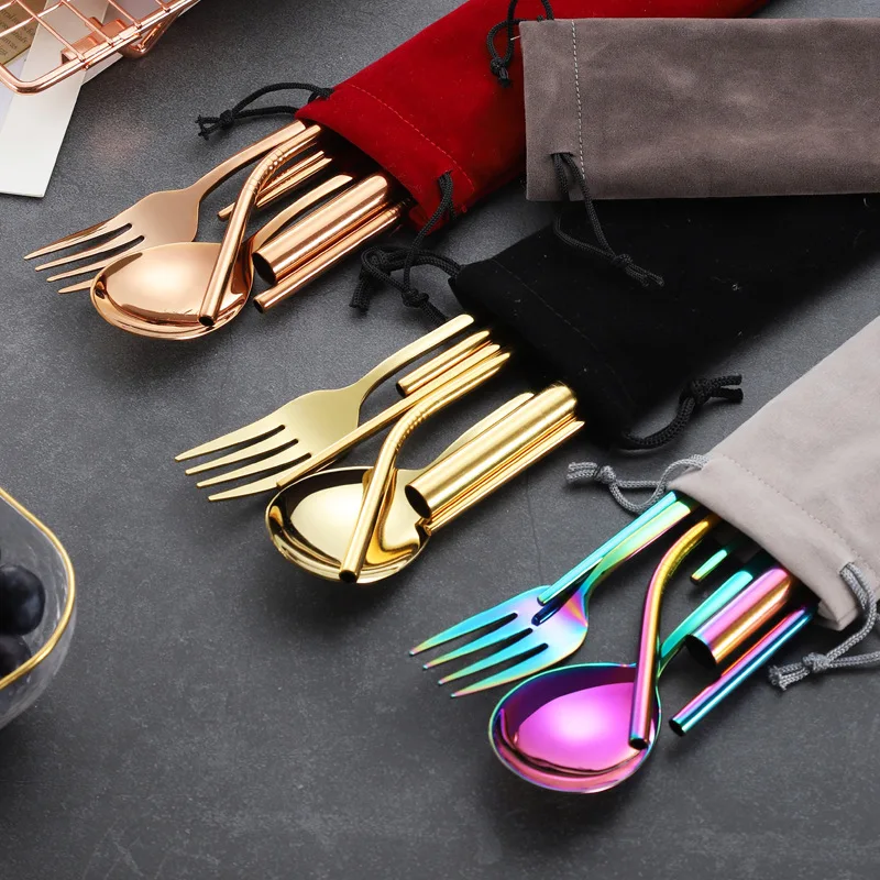 

Knife fork spoon straw sets 7pcs stainless steel cutlery set portable custom logo on the pouch, Customized