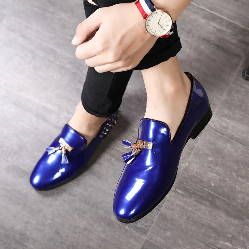 

men shining leather dress shoes diamond office party fashion shoes, Black&red &blue