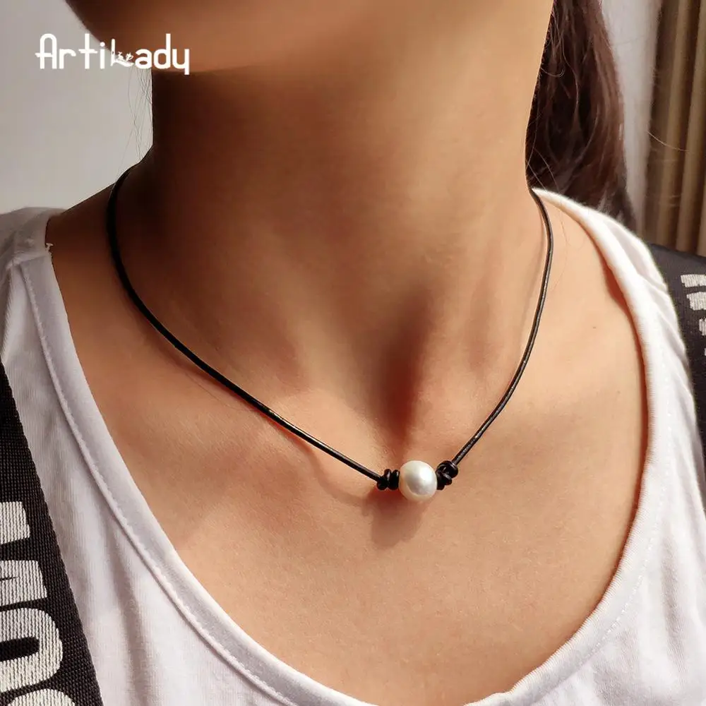 

Artilady Leather necklace Cord simple handmade Freshwater Pearl leather Chocker Necklace for girls gift