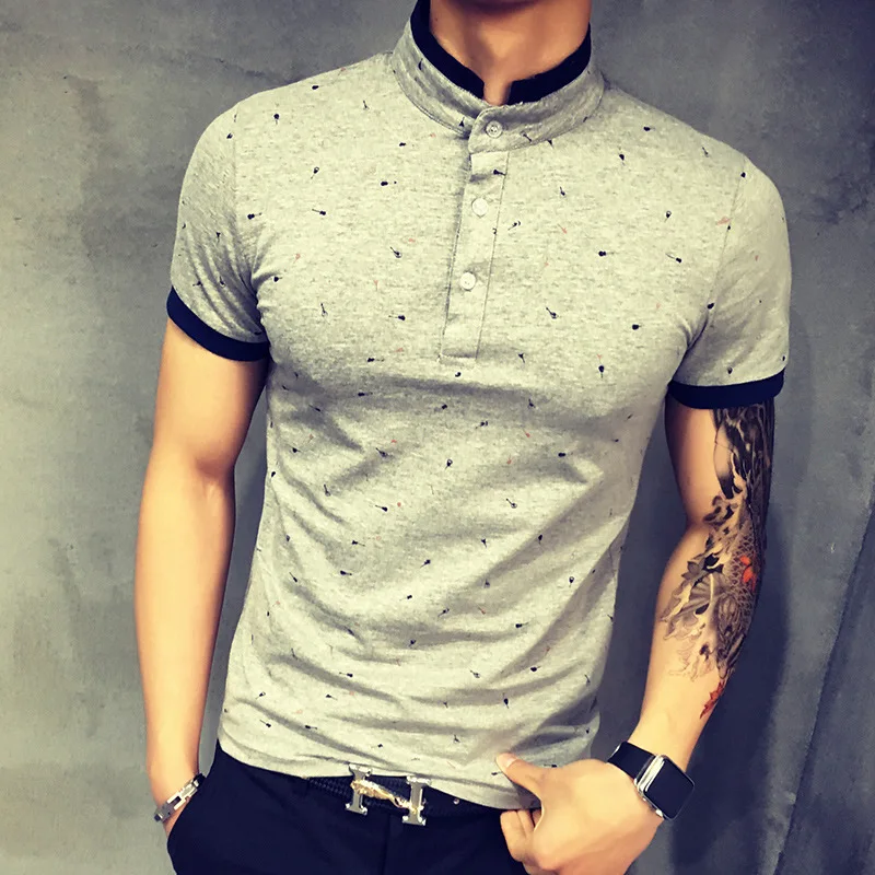 

2019 new fashion man printed stand collar pure cotton t shirts