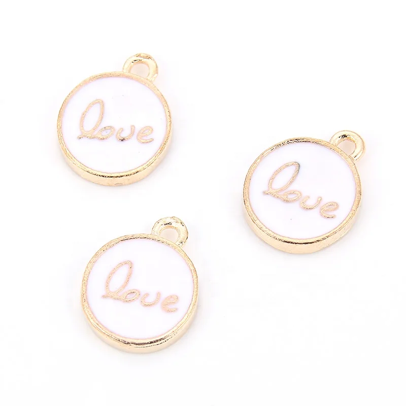 

White Enamel Round Charm Pendants Love Gold Color Alloy beads Jewelry Findings 12x12mm