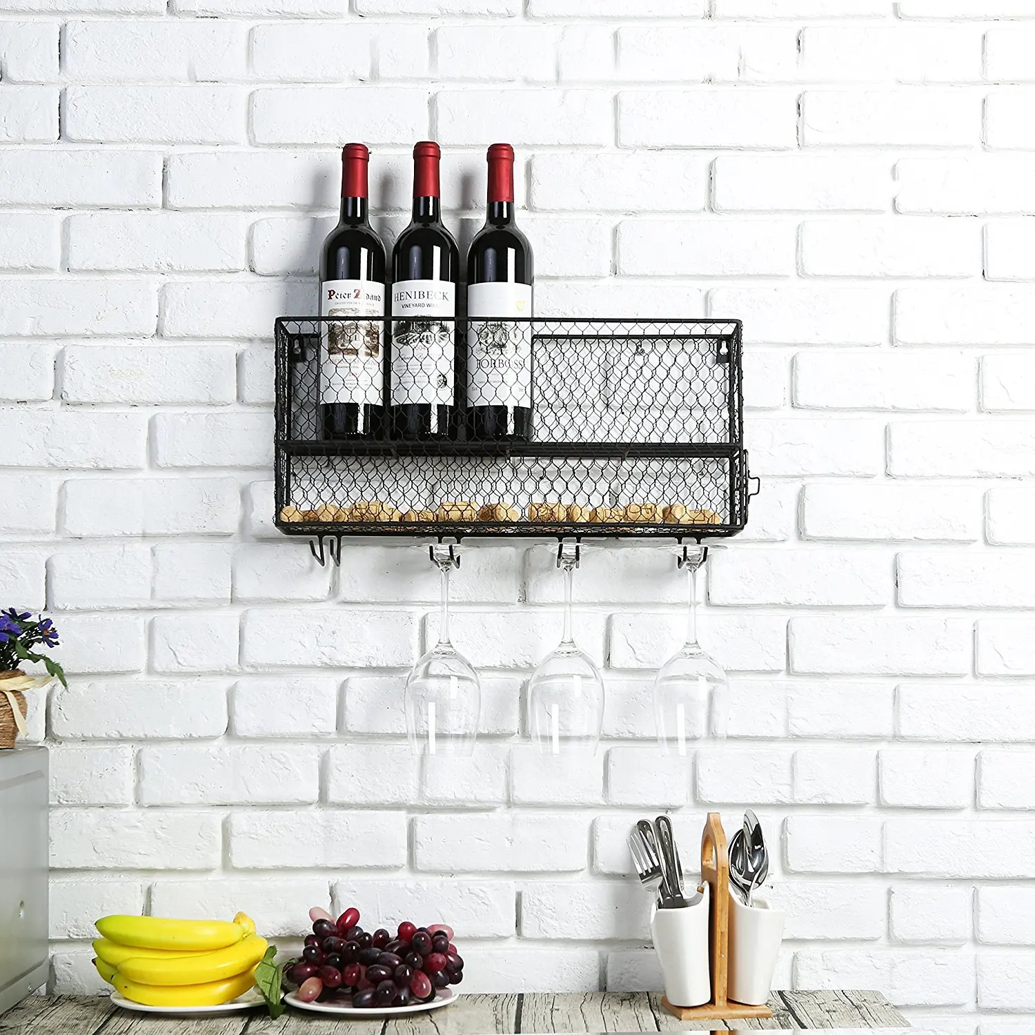 Modern Design Black Metal Mesh Wall Metal 5 Bottle Wine Storage Shelf ...