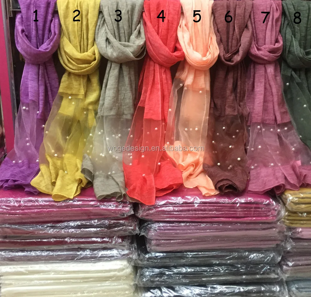 
New arrival arabe islam beautiful femme hot stylish prayer shawl scarfs large tie dye color polyester blend cotton pearl hijabs 