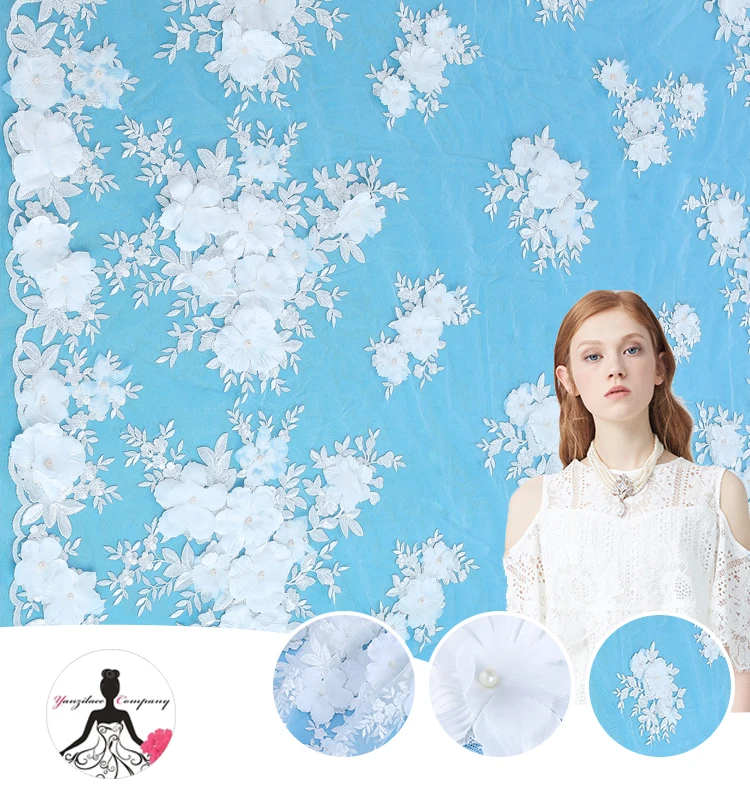

Trend Selling White 3D Pearls Beaded Embroidered Lace Fabric, For Elegant Garment and Wedding Bridal