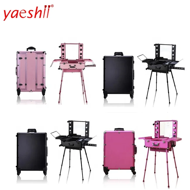 

Yaeshii 2019 professional portable cosmetics lighted trolley rolling beauty makeup case, Black pink silver coffee rose gold gold