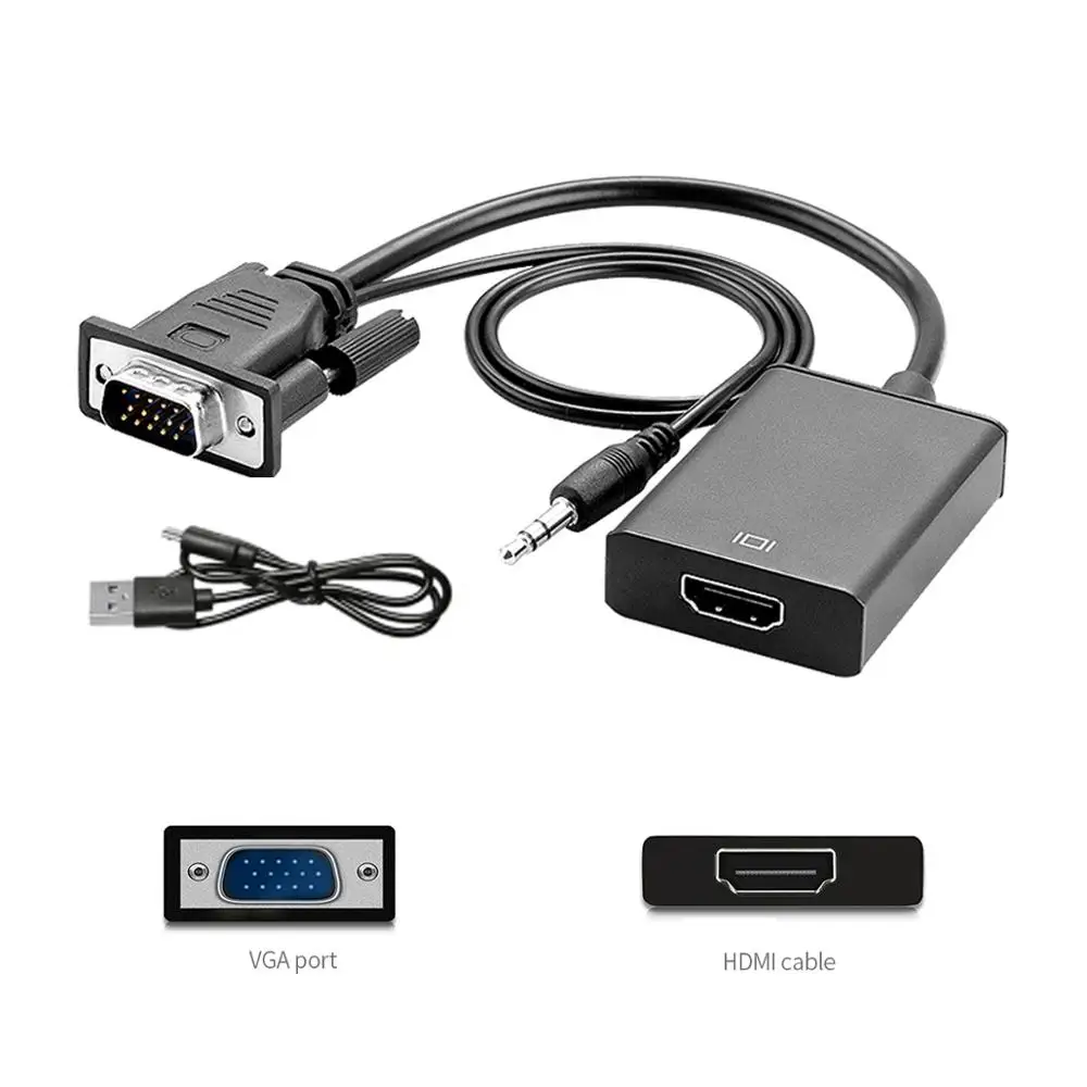 

Wholesale Audio Video Cable VGA Male to HDMI Female Converter Adapter with 3.5mm Stereo USB Cable, Black