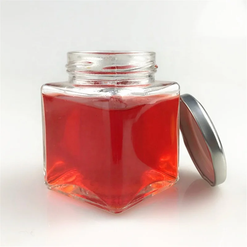 

empty clear square food storage honey glass jar with metal lid, Clear/depend on you