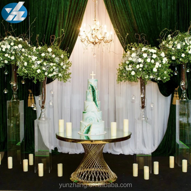 
Hotel Gold Stainless Steel Mirror Glass Top Wedding Dining Table 