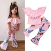 2019 latest top selling off shoulder fringed lotus leaf collar children wears floral bell-bottomed pants kids clothes for girls