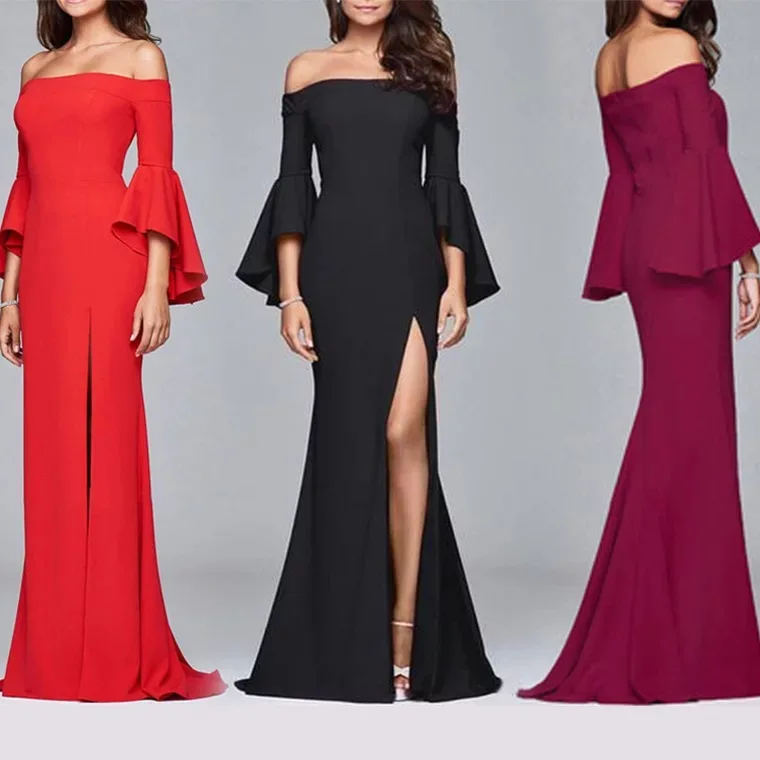 

Long sleeve sexy ladies elegant prom dresses floor length evening dress, Customized color