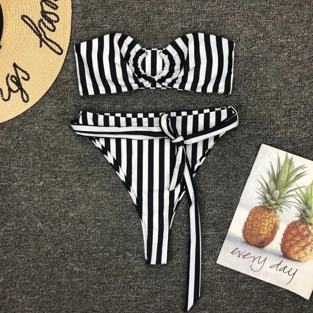 

New Fashion Young Girls Hot Sexy Bikini Tube Top Swimsuit Mature Striped High Waist Girl Two Piece Swimwear