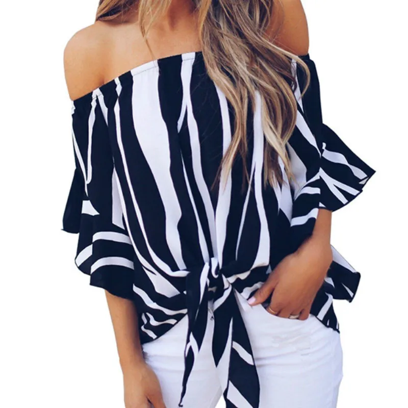

Women's Striped Off Shoulder Bell Sleeve Shirt Tie Knot Casual Blouses Tops, As shown on picture