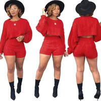 

2020 wholesale two piece sweater set women clothing knitting flare sleeve sexy short crop top and pants 2 piece sets