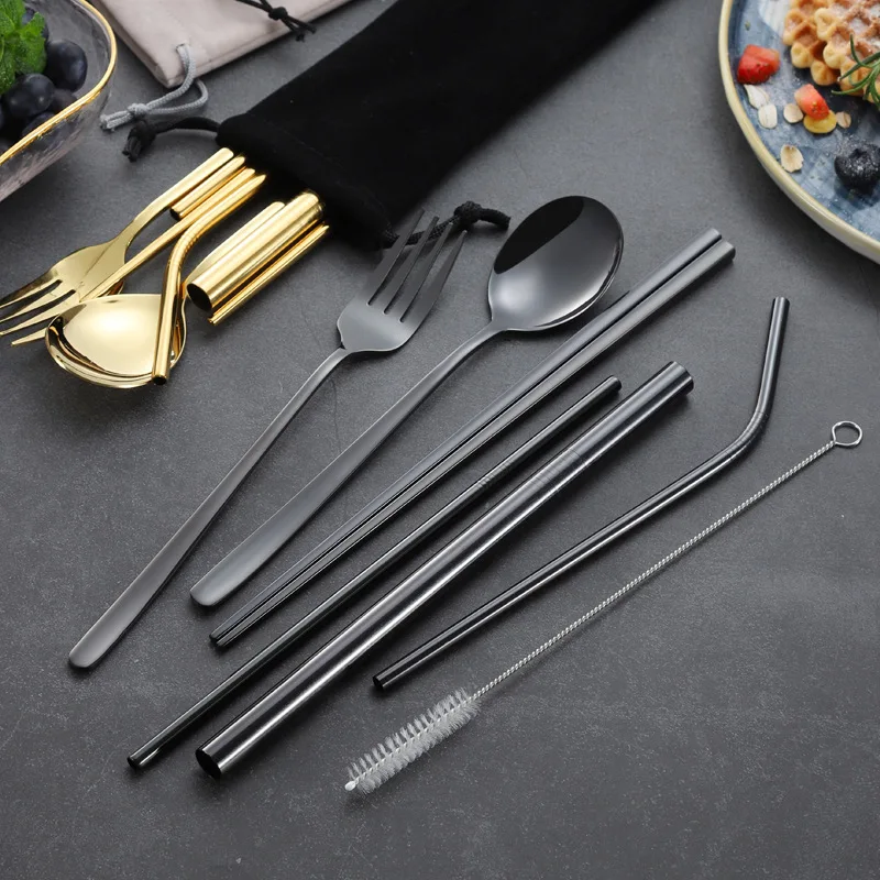 Set of 7 Stainless Steel Portable Travel Camping Cutlery Set Knife Fork Spoon Straws Flatware Set