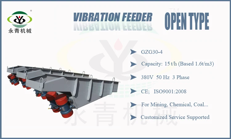 Vibrating feeder conveyor with vibration motors for grain processing